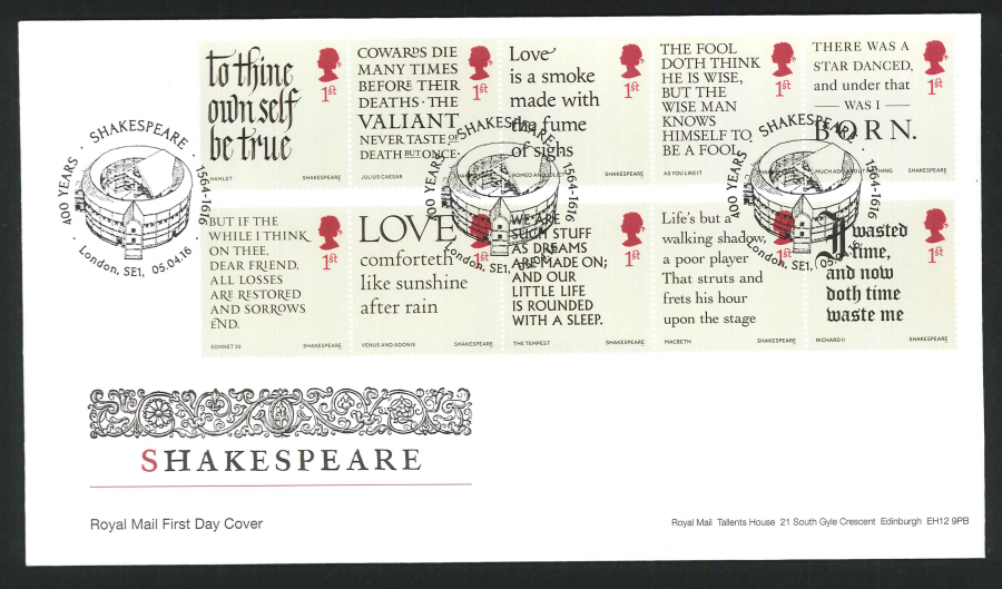 2016 - Shakespeare First Day Cover - 400 Years Shakespeare (Pictorial) London SE1 Postmark